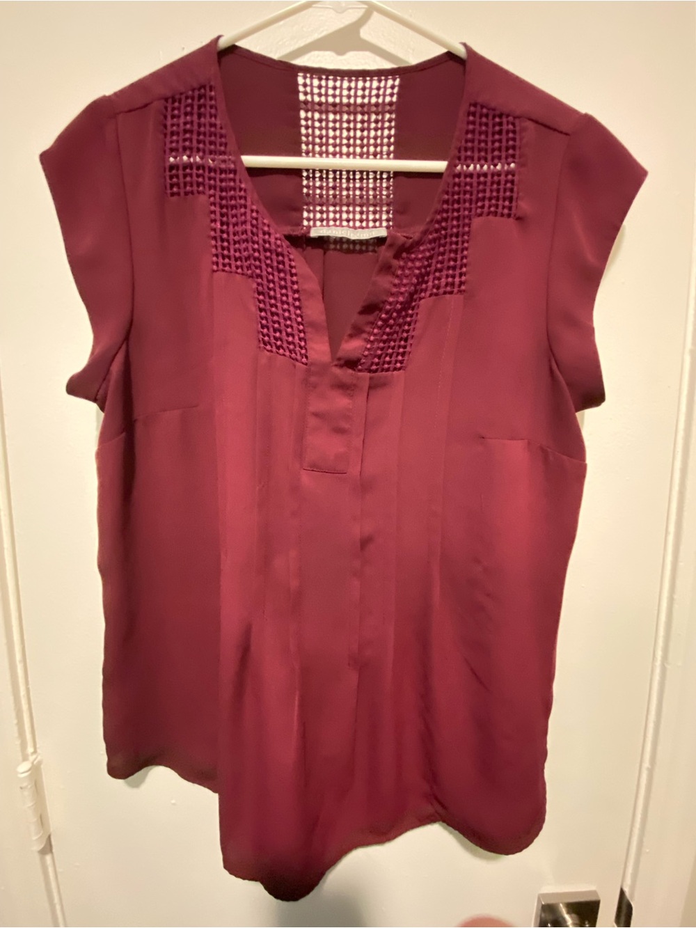 Daniel Rainn Burgundy Cap-Sleeve Blouse with Crochet Yoke